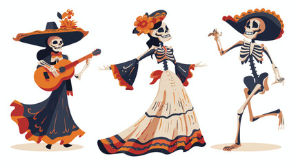 Couple of Mexican skeletons in costumes dance 