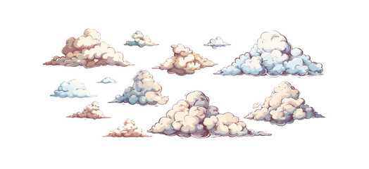 Set of clouds in hand drawn vintage retro style isolated on white background. Cartoon design elements. Vector illustration.
