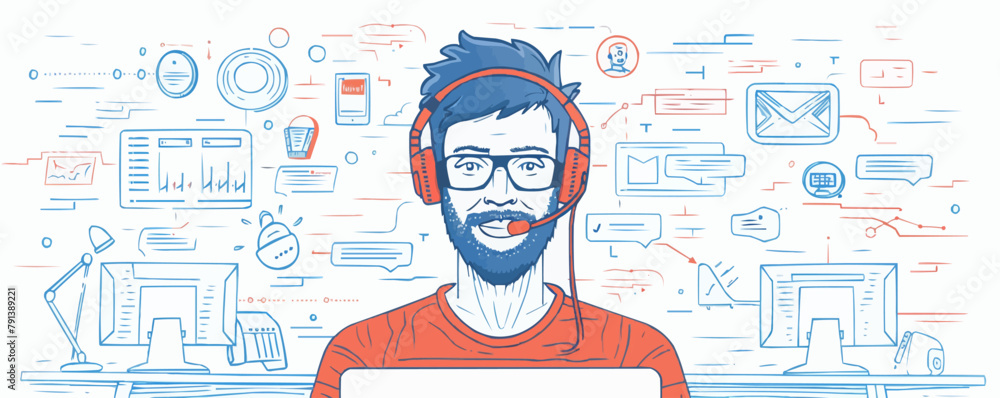 Poster a man wearing a headset is sitting in front of a computer