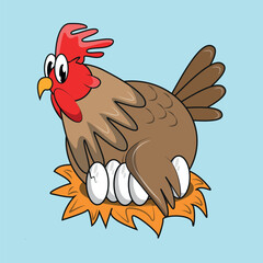 Cute cartoon hen incubating her eggs in a straw nest, for farming or easter concept