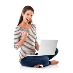 Portrait, excited and woman celebrate on laptop for good news, success or goal in studio isolated on a white background. Yes, fist pump and happy winner on computer for lottery, bonus or crypto promo