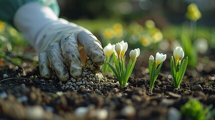 Individual wearing surgical glove nourishing the fresh daffodil sprouts up close. Tending to the spring garden by enhancing the earth with beneficial plant food. - obrazy, fototapety, plakaty
