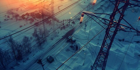 Electricity is transmitted through power lines and pylons, creating a winter evening scene and highlighting the importance of energy infrastructure. - obrazy, fototapety, plakaty