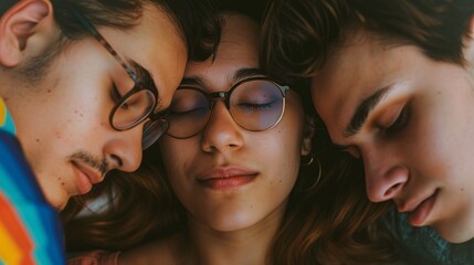 Polyamorous relationship between three individuals, where love and connection are shared openly and with mutual consent. Two males and one female. - obrazy, fototapety, plakaty