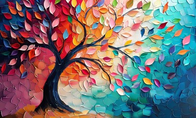 3D Colorful Abstract Tree Illustration Wall Art, Elegant Colorful Tree with Vibrant Leaves Hanging Branches. Wallpaper for Interior Mural Painting, Generative AI