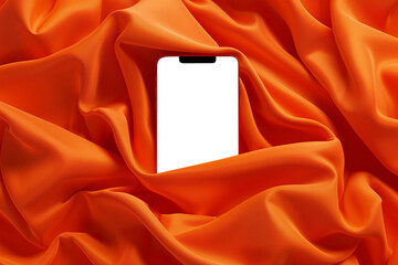 Smartphone mockup on orange cloth background. Mobile phone with blank screen on fabric folds. App advertising mockup