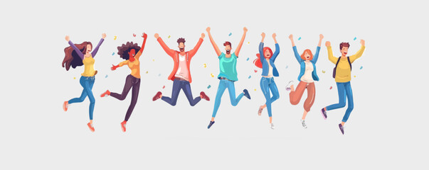 Happy joyful jumping characters set. Active energetic cheerful people celebrating success, victory. Young emotional men, women triumph. Flat graphic vector illustrations isolated on white