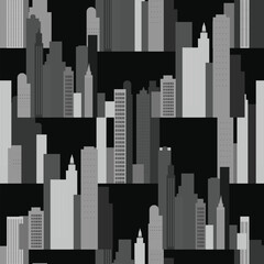 A monochrome pattern showcasing a city with buildings, rectangles all arranged in a seamless design. The black and white tones. Flat style vector - 791390242
