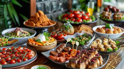 Fototapeta premium Modern tropical Italian food buffet, highlighting cleanliness and a refined arrangement of antipasti and classic Italian dishes