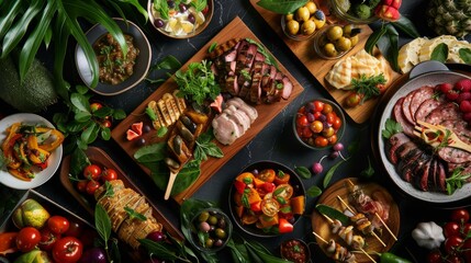 Modern tropical Italian food buffet, highlighting cleanliness and a refined arrangement of antipasti and classic Italian dishes - obrazy, fototapety, plakaty