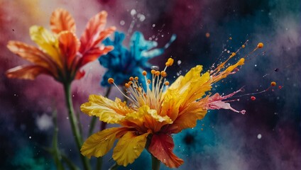 A close up of flowers in mid-explosion, with orange and blue hues dominating, evokes a sense of energy and transformation