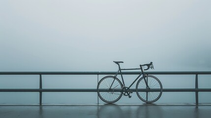 Fototapeta premium Minimalist composition of a single-speed bicycle on a minimalist bridge, clean lines, and a calm water backdrop, high contrast lighting