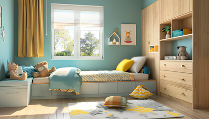 Interior of children's bedroom with wooden cabinet and bed near window