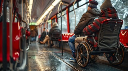 A group of people riding a bus with one person in a wheelchair. Generative AI.