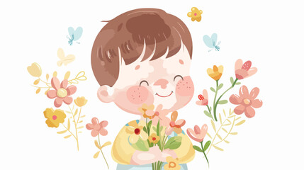 Obraz na płótnie Canvas Cute Cartoon Baby with flowers on a white background