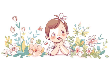 Cute Cartoon Baby with flowers on a white background