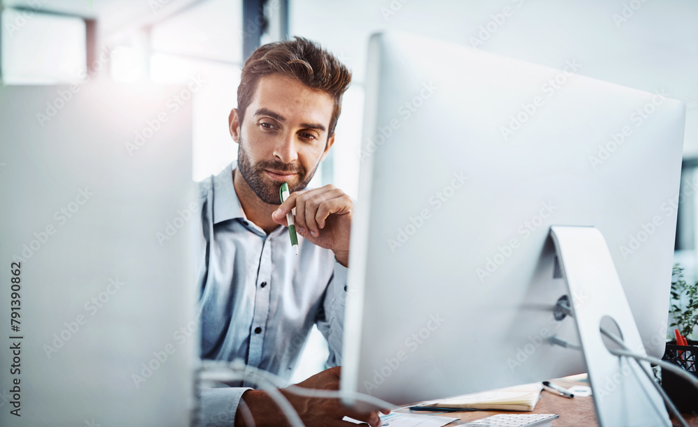 Leinwandbilder Thinking, developer and man on computer for software, news research and web design programming. Startup, designer and programmer coding in office for cybersecurity digital network and problem solving