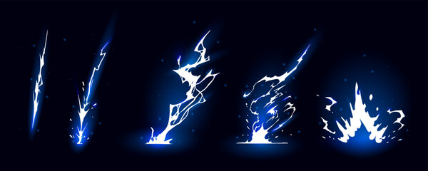 Lightning strike bolt silhouettes sequence vector illustration. Black thunderbolts and zippers are natural phenomena isolated on a dark background. Thunderstorm electric effect of light shining flash.