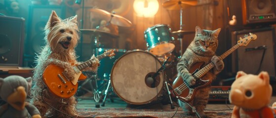Two cats are playing guitar and singing in a music video. Generative AI.