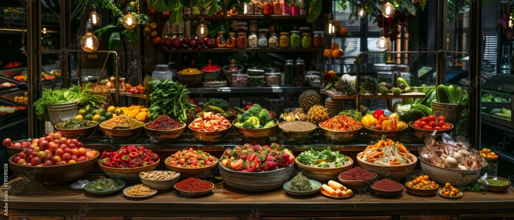 Poster a large display of different types and sizes of fruits, vegetables and other foods. generative ai.