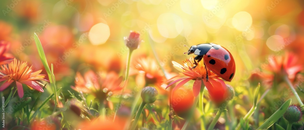Poster a ladybug sitting on a flower in the middle of grass. generative ai.