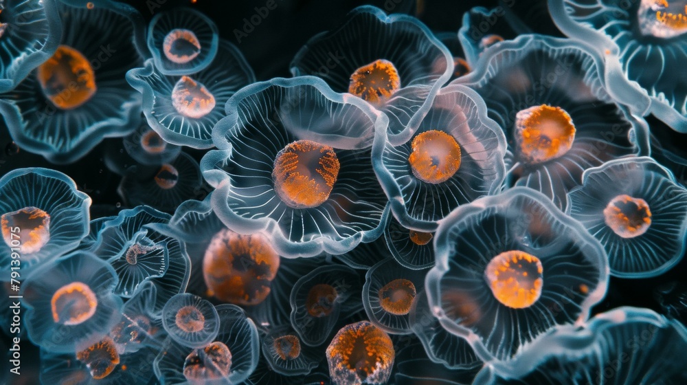 Canvas Prints A close up of jellyfish in a tank with orange and blue lights. Generative AI.