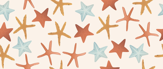 Vector flat illustration. Seamless starfish. In cartoon style. Cute print. Ideal for gift wrapping, posters, covers, screensavers, textile decor, etc.