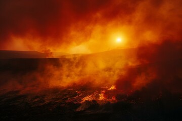 Obraz premium A fire is burning in the distance with a bright orange sky. Generative AI.