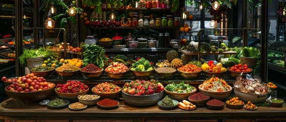 A large display of different types and sizes of fruits, vegetables and other foods. Generative AI.