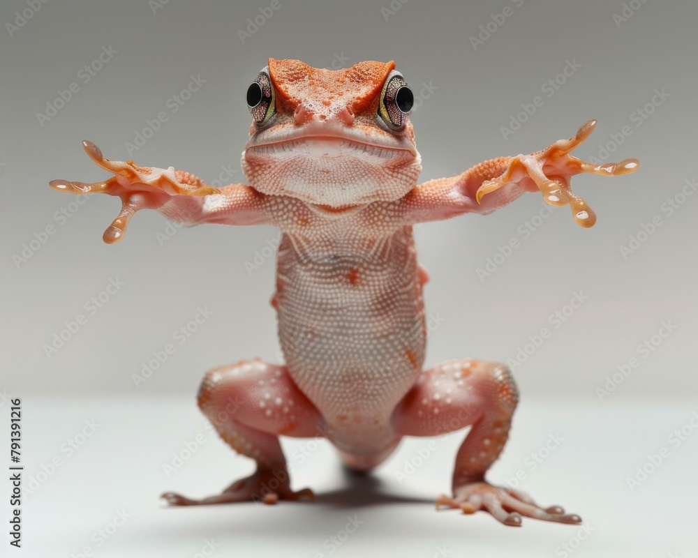 Poster a small lizard with its hands up in the air. generative ai.