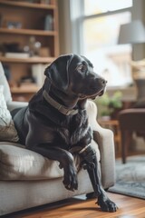 A black dog sitting on a couch with an arm brace. Generative AI.
