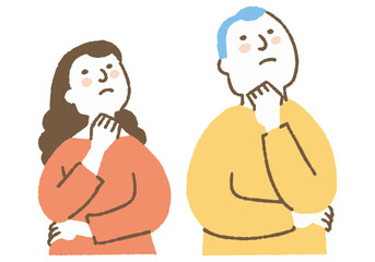 Two expressionless men and women looking up_Color