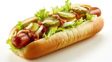 Gourmet hot dog topped with crisp lettuce, fresh onion, and tangy pickle on a toasted bun, perfect for food advertising