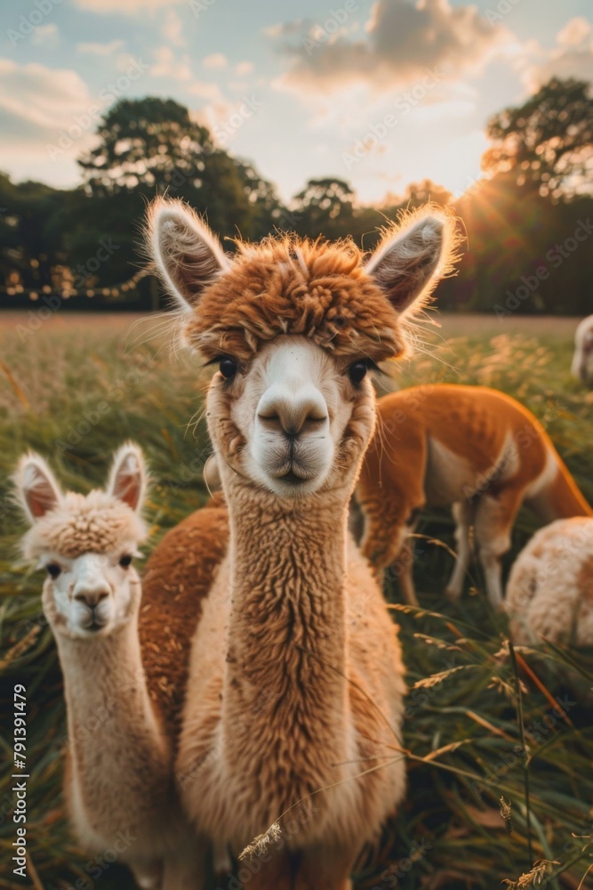 Aufkleber a group of llamas standing in a field with trees behind them. generative ai.