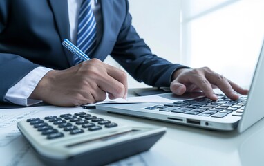 Financial professional in suit at work desk, engaged with calculator and notepad, laptop present, office setting - Budget Management, Expense Tracking, Corporate Office - Consulting, Financial Plannin