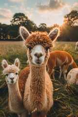 A group of llamas standing in a field with trees behind them. Generative AI.