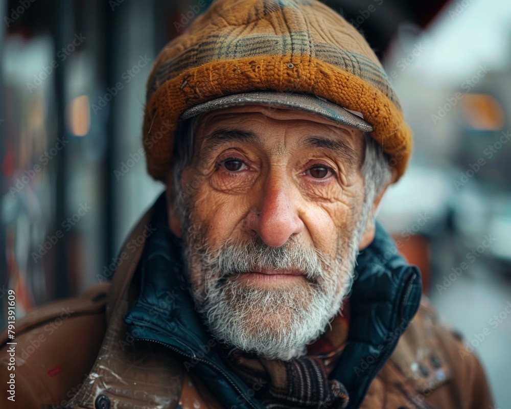 Poster a man with a beard and hat standing outside in the cold. generative ai.