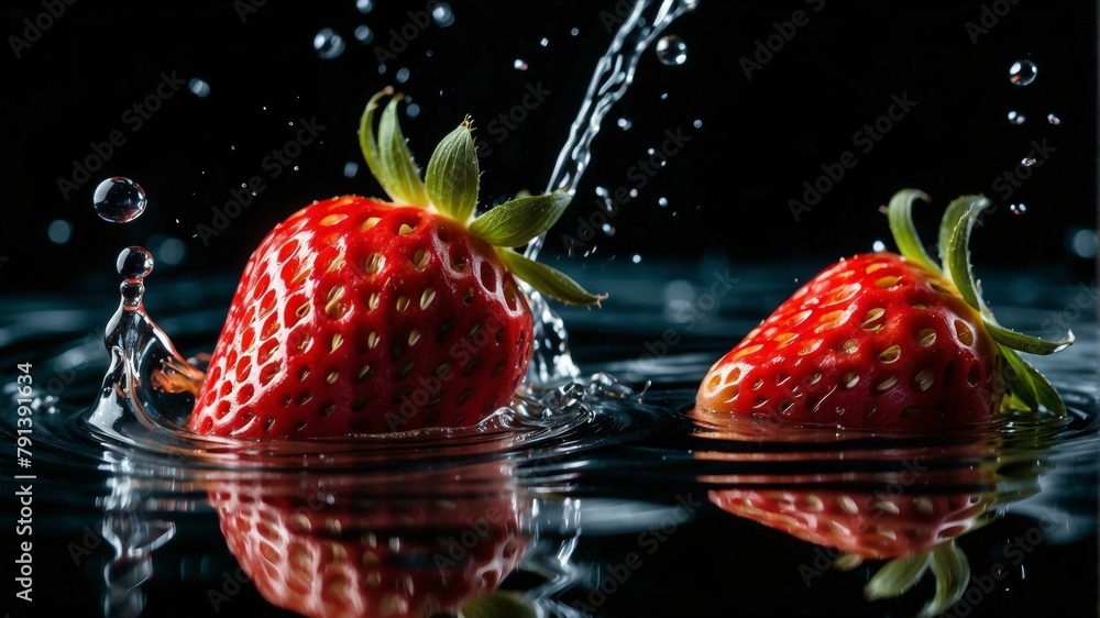 Aufkleber two strawberries are being splashed with water in a dark pool. generative ai.