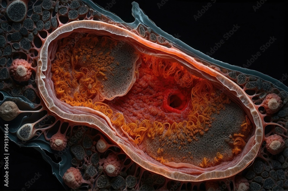 Poster a close up of a cell with its nucleus and cytoplasm. generative ai.