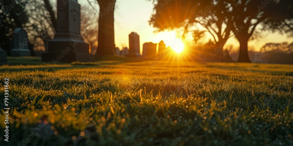 Aufkleber a grassy field with a sun setting behind it. generative ai.
