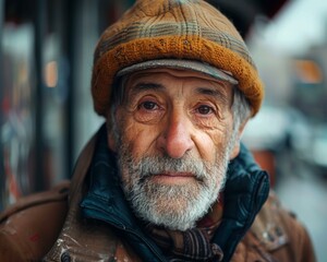 A man with a beard and hat standing outside in the cold. Generative AI.