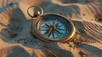 Fototapeta na wymiar Elegant, ornate compass on a bed of soft beach sand, capturing the essence of exploration, early morning light enhancing the mood