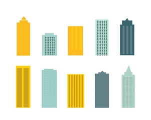 A flat minimalistic city featuring yellow and blue-green silhouettes of buildings isolated on white background. Vector set - 791391692