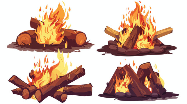 Set of Four burning bonfires or campfires isolated on