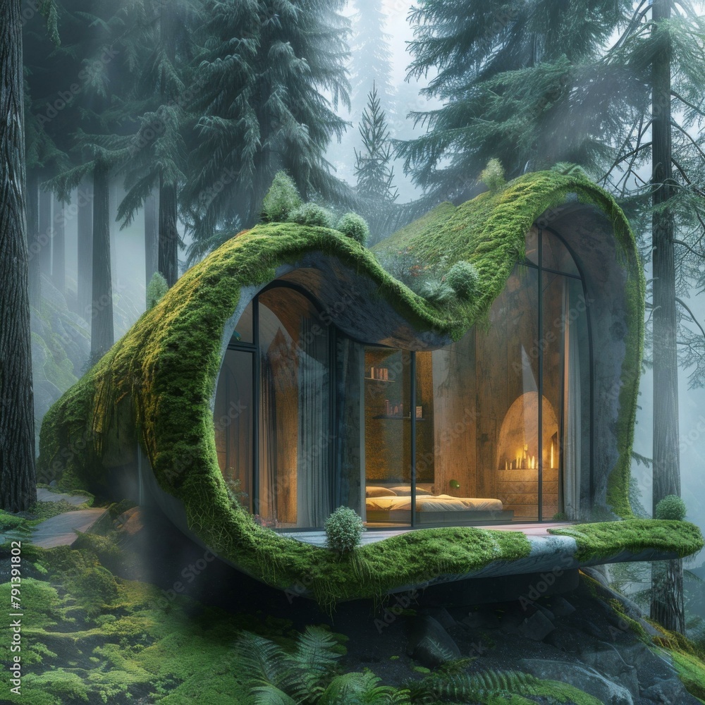 Poster a house made out of moss and trees in the middle of a forest. generative ai.
