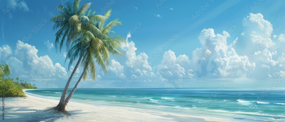Poster a painting of a beach with two palm trees on it. generative ai.