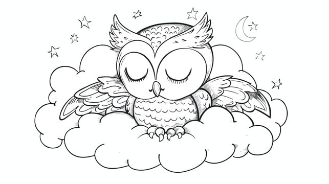 Cute dreaming owl on cloud. Cartoon hand drawn vector