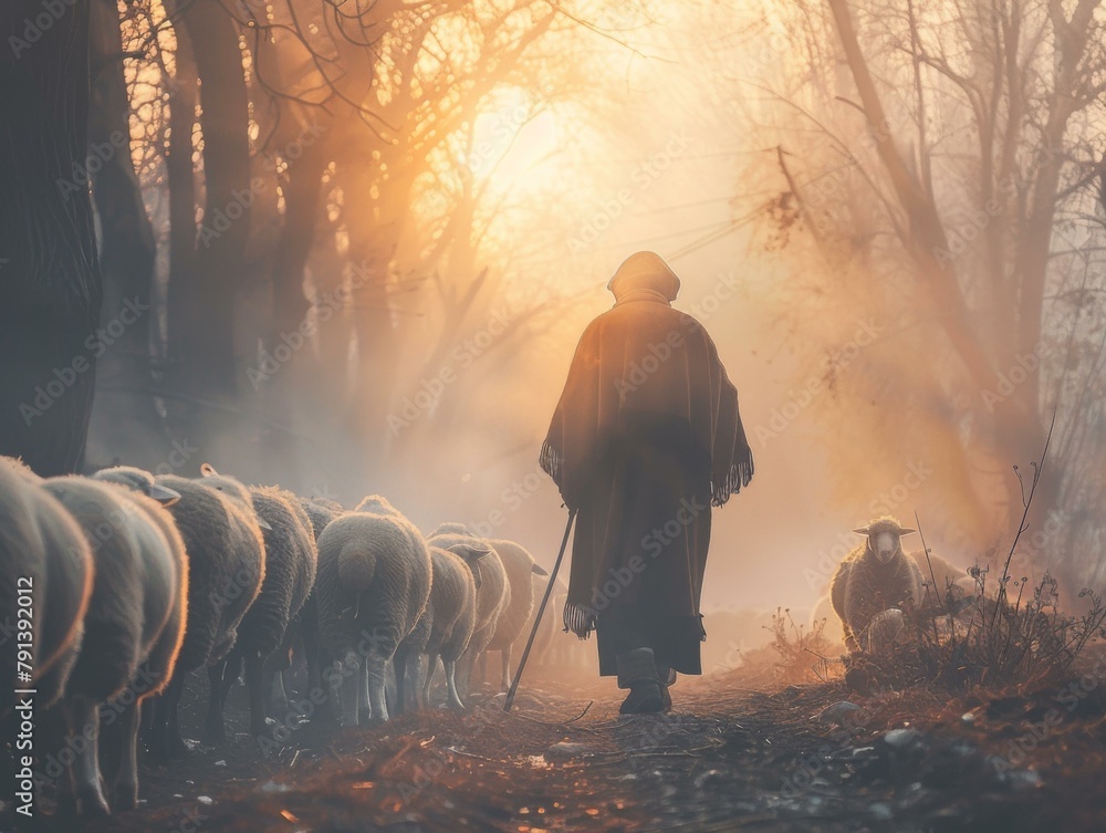 Poster a man walking through a forest with sheep in the background. generative ai.