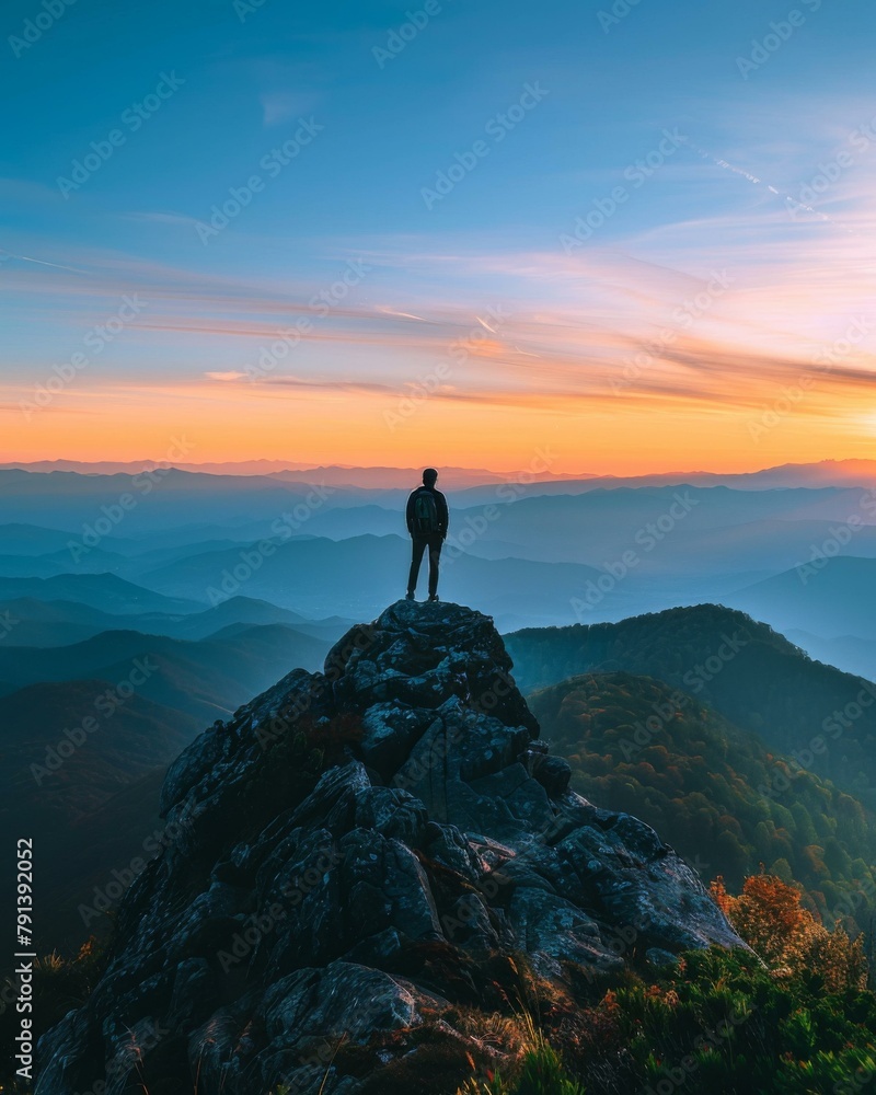 Aufkleber a person standing on top of a mountain with the sun setting in front. generative ai.