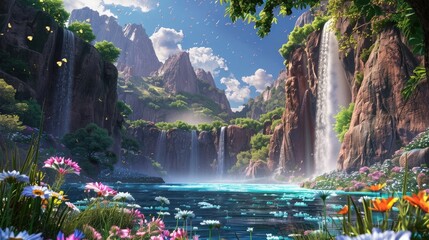 A tranquil riverside scene with towering cliffs rising on either side, and a cascading waterfall...